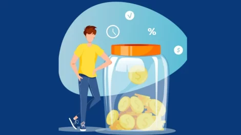 Illustration depicting a person holding a piggy bank with money pouring into it, representing savings strategies.