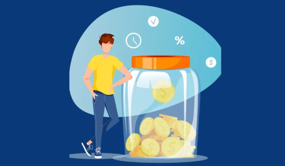 Illustration depicting a person holding a piggy bank with money pouring into it, representing savings strategies.