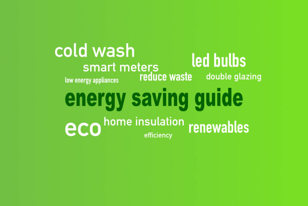 Image of energy-efficient practices, including LED bulbs, unplugged devices, and a programmable thermostat, symbolizing energy-efficient savings.