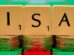 Scrabble letters spelling out the word "ISA" sitting on three-pound coins.